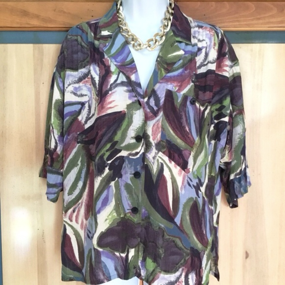 Vintage Abstract Print Pattern Short Sleeve Blouse - image 3